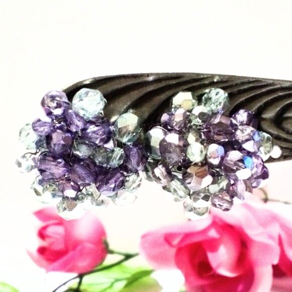 Vintage Mid Century Purple Crystal Cluster Clip Earrings - Picture 1 of 5